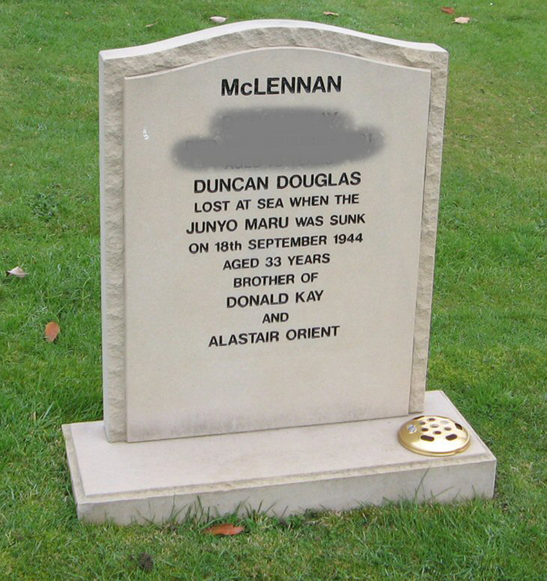Photo of headstones/Duncan Douglas McLennan died 1944  at sea MI urquhart New
